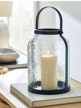 Better Homes & Gardens Black Metal Hammered Glass Candleholder Lantern, 11", Lg